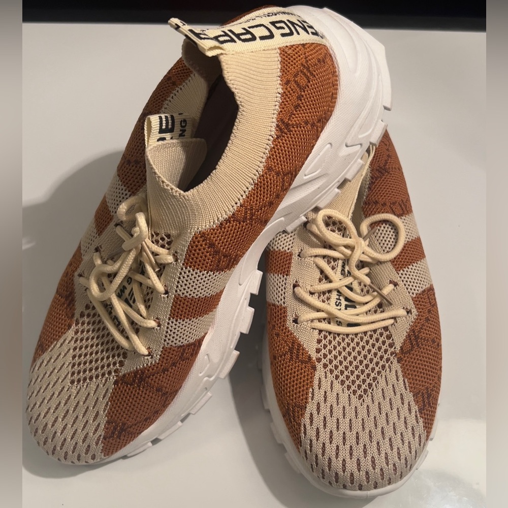 Beige and Rust Shein Knit Slip-On Sneakers Size 40/US8